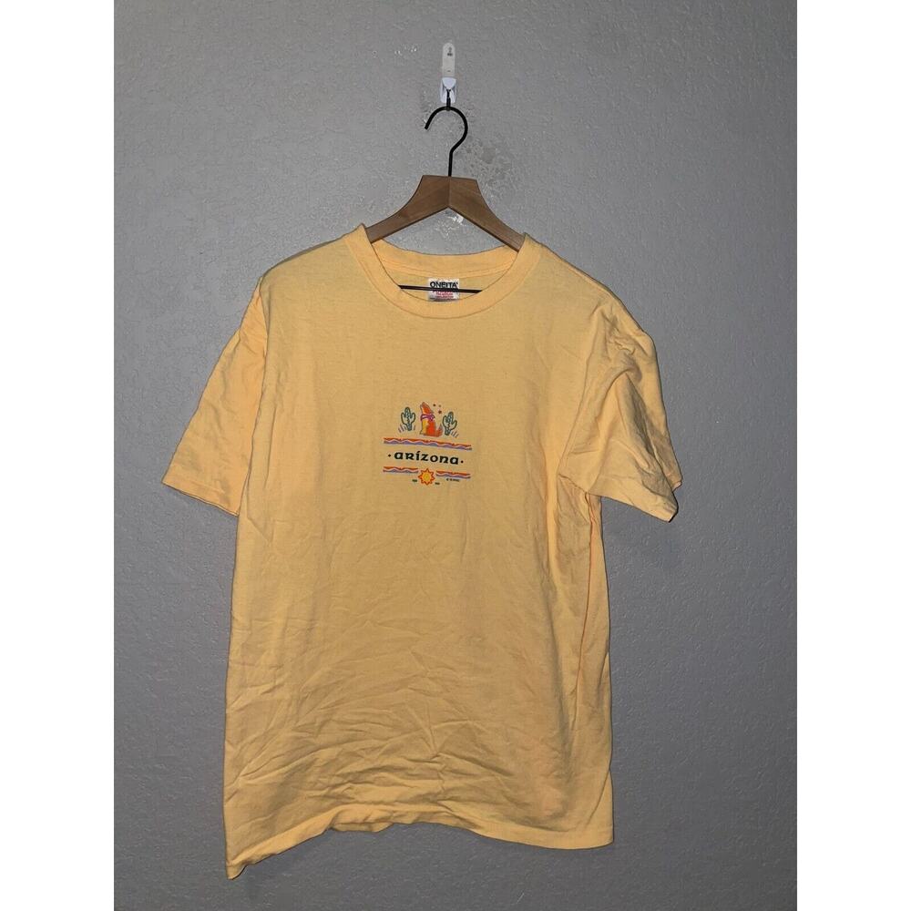 Vintage Arizona Yellow Shirt AZ Cactus Coyote Desert Yellow Oneita Tee 90s L
